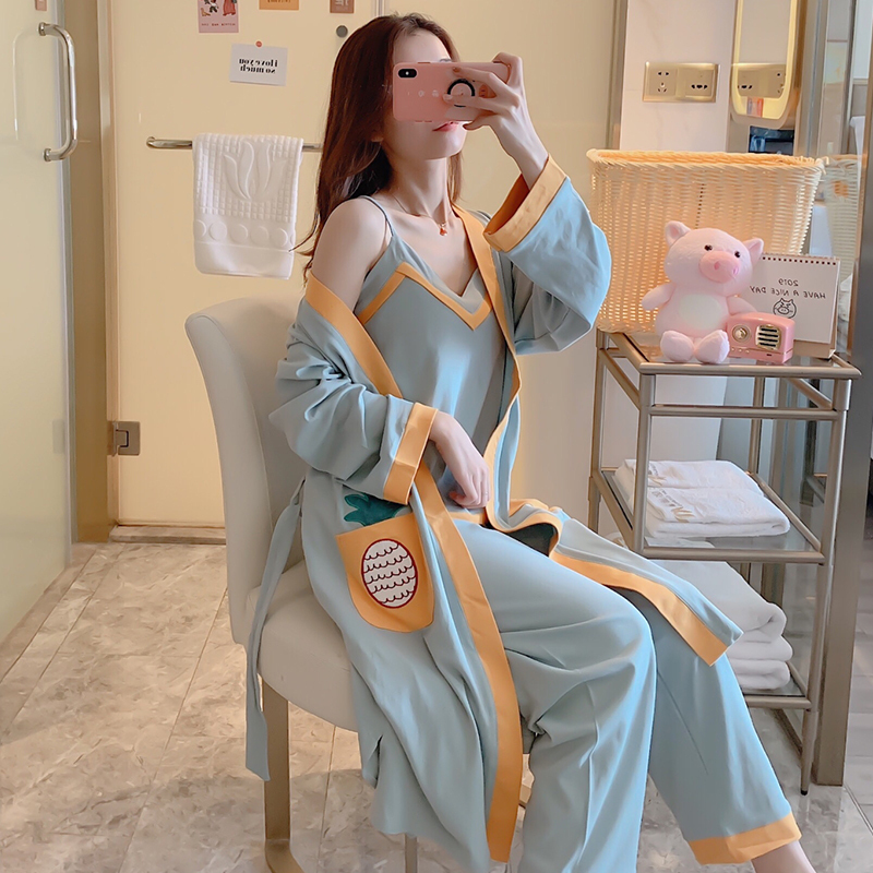 睡袍女春秋冬季纯棉长袖款性感甜美可爱少女全棉薄款睡衣三件套装