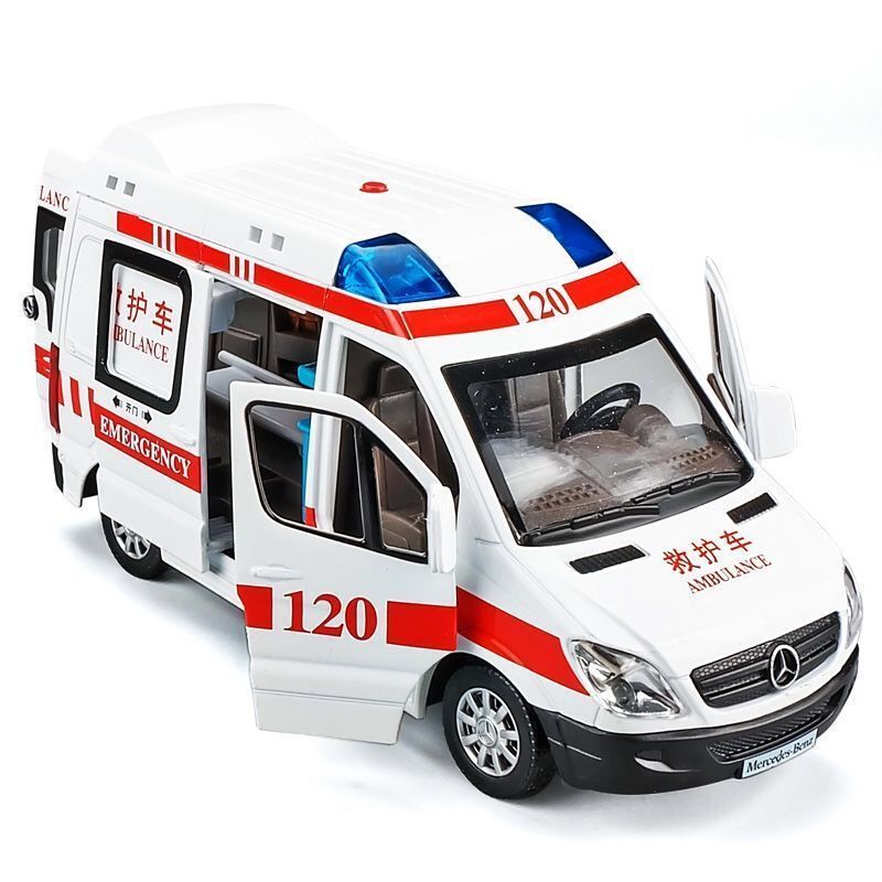 儿童120救护车仿真110警车汽车模型男孩合金消防车汽车玩具-中号救护车+停车毯