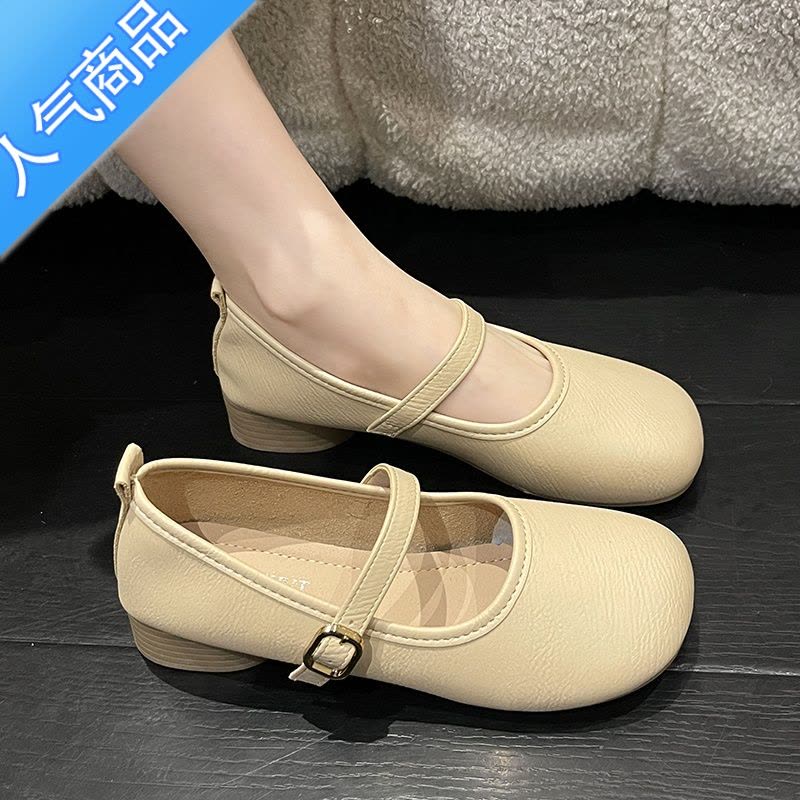 SUNTEK软底小白鞋女温柔风奶奶鞋春秋新款小皮鞋粗跟浅口玛丽珍单鞋图片