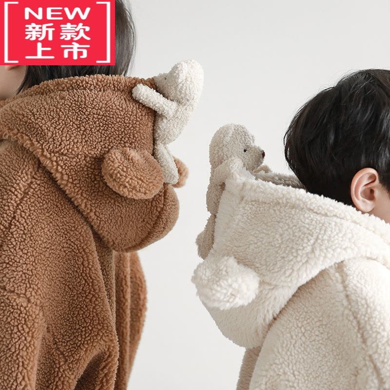 可莉允男童可爱羊羔毛外套2022秋冬中大童小熊玩偶保暖连帽上衣棉服图片