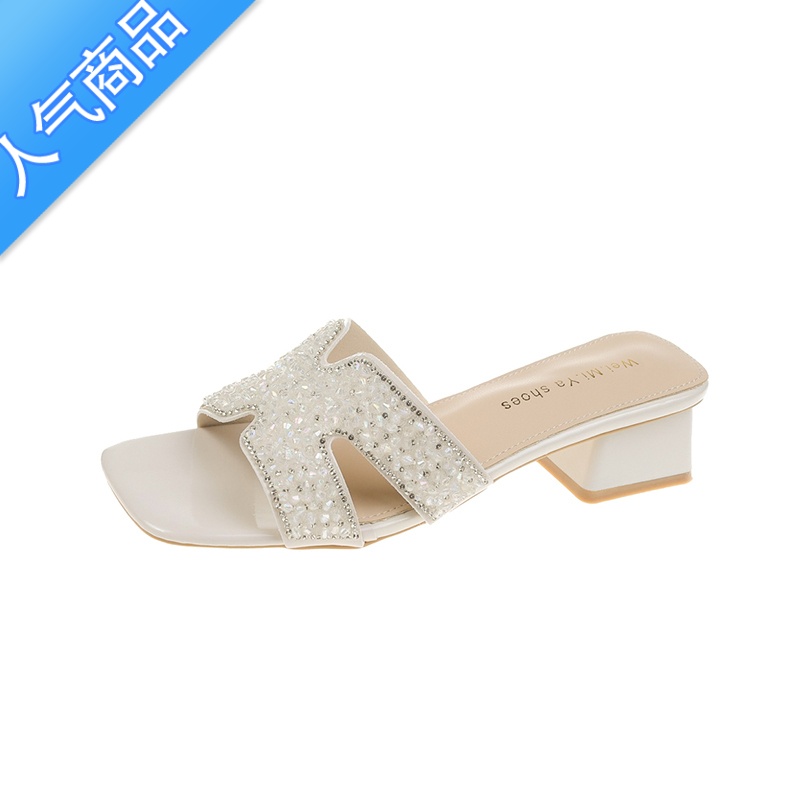 SUNTEK拖鞋女粗跟外穿2023夏季新款百搭水钻时尚小众中跟凉鞋一字凉拖潮高清大图