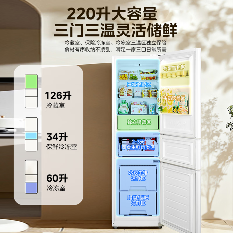美的冰箱租房小户型家用客厅小冰箱三开门中门软冷冻节能省电低音BCD-220TM 极地白高清大图