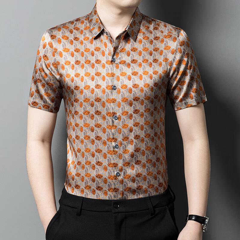 伯莎丹顿品牌新款夏季真丝短袖男装休闲蚕丝衬衫男时尚衬衣男休闲