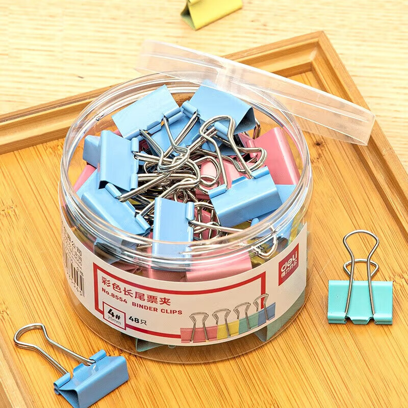 得力(deli) 5筒装 25mm彩色长尾夹票夹 4#中号金属燕尾夹票据文件夹子 办公用品 48只/筒 8554高清大图