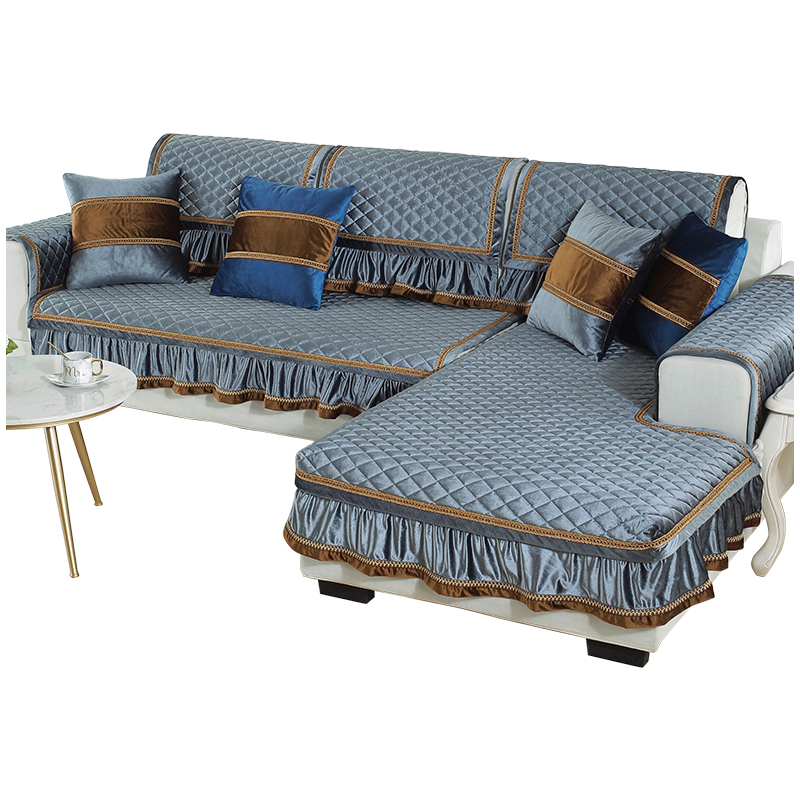 家柏饰(CORATED)沙发垫冬季毛绒防滑沙发套全包套罩简约现代坐垫子 锦素年华-电光蓝 90*150cm+花边高清大图