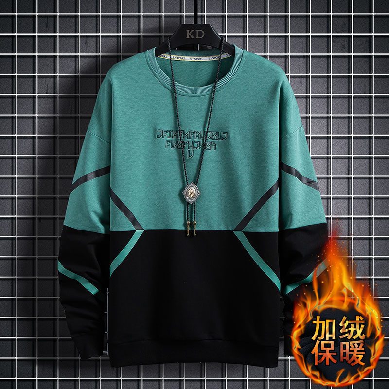 花花公子2024男士秋季新款加绒加厚圆领套头卫衣简约潮流帅气学生