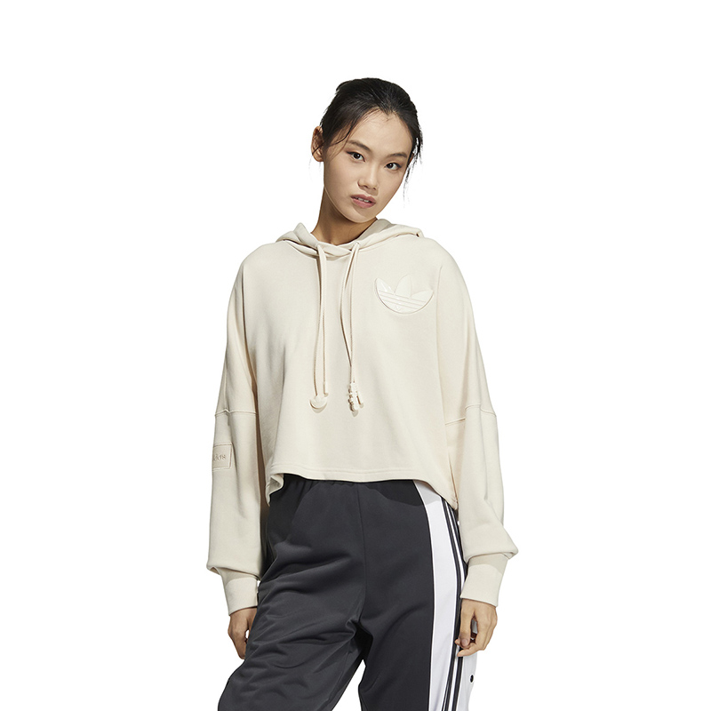 adidas originals 纯色Logo徽标抽绳连帽套头卫衣 女款 象牙白 HS1924
