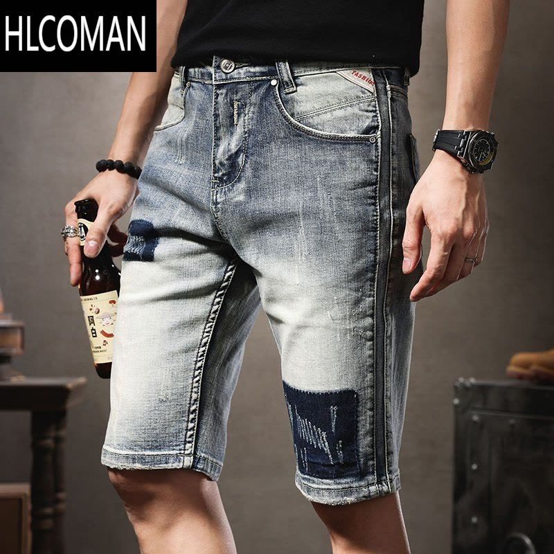 HLCOMAN复古高端牛仔短裤男潮牌ins夏季薄款休闲弹力五分裤个性潮流中裤图片