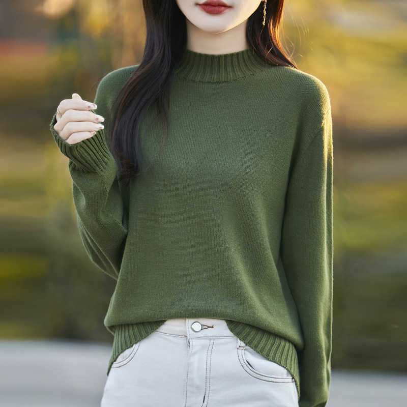 全棉线一线成衣加厚半高圆领针织衫年秋冬新款纯色套头打底衫