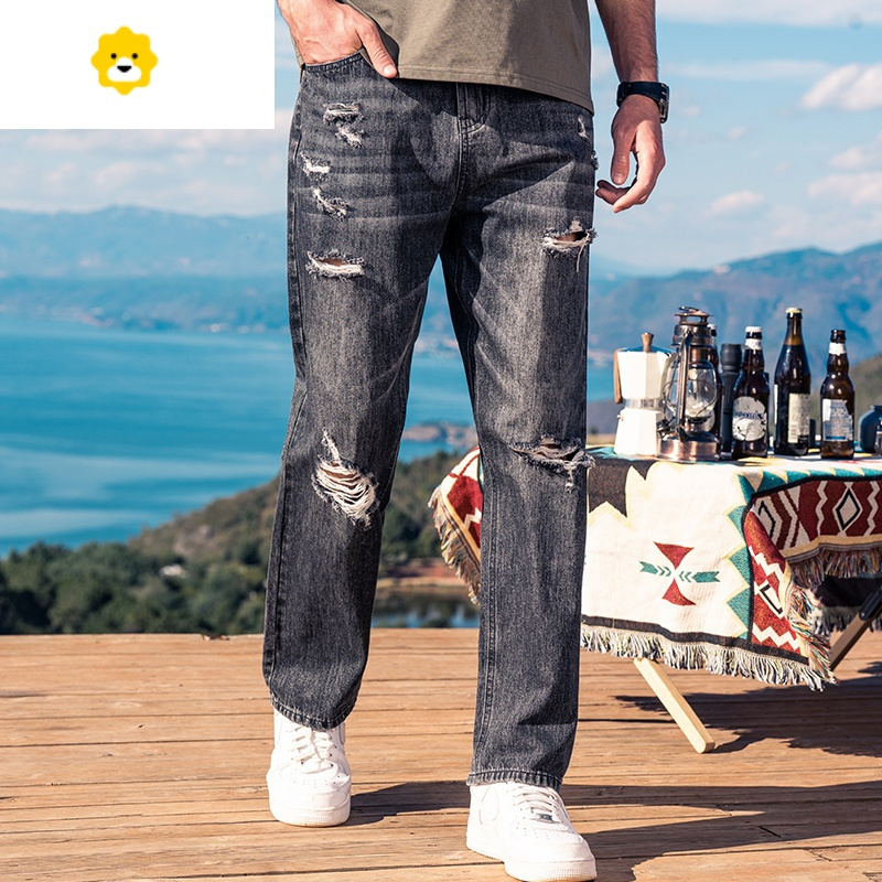 fishbasket85盎司超薄破洞直筒牛仔裤男美式复古季宽松阔腿长裤子