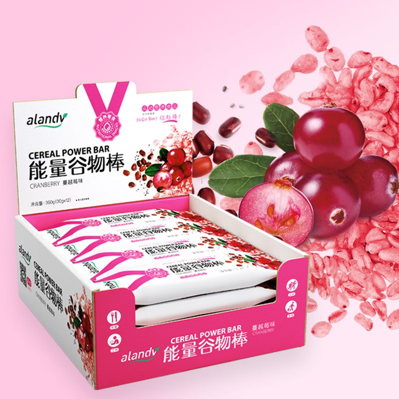 alandv艾兰得威谷物能量棒蔓越莓味健身餐便携饱腹代餐12支整盒装