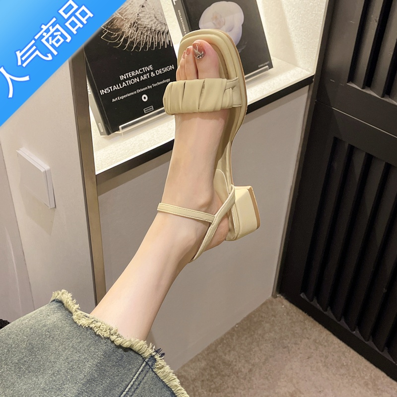 SUNTEK仙女风粗跟一字带凉鞋女2023年夏季新款方头露趾气质高跟鞋配裙子