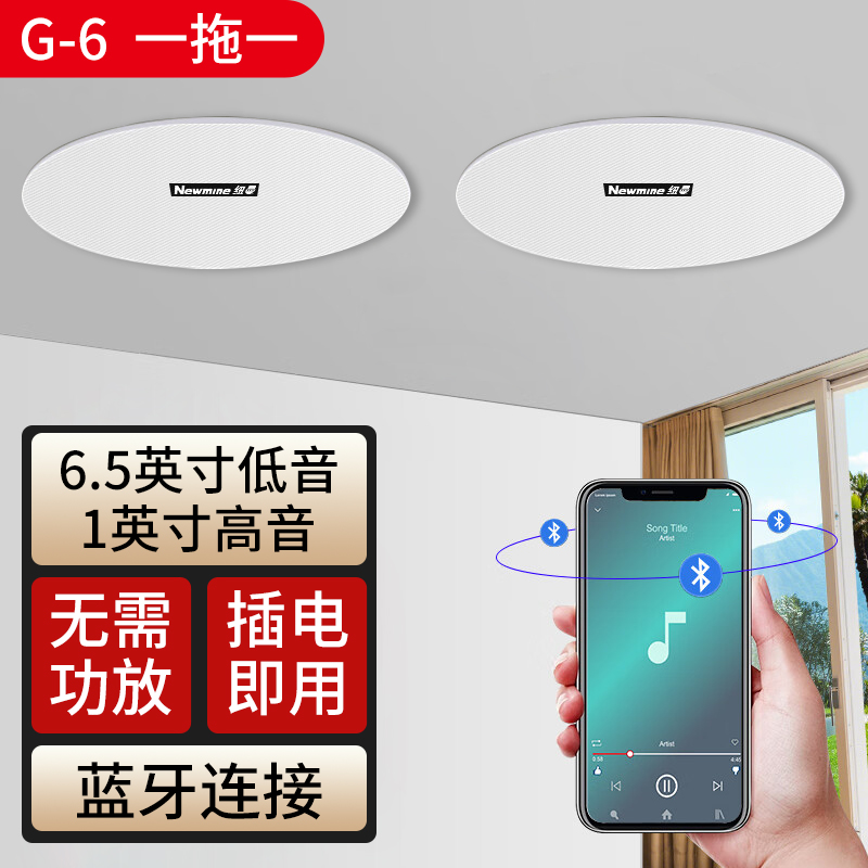 纽曼蓝牙音箱 G-6无线蓝牙同轴吸顶一拖一 吸顶喇叭音响套装家用嵌入式商铺背景音乐公共广播吊顶音箱6英寸
