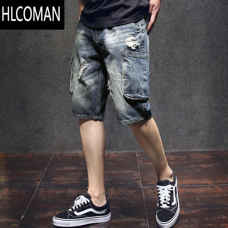 HLCOMAN美式破洞工装牛仔短裤男士夏季薄款广州新塘中裤宽松大码五分裤潮