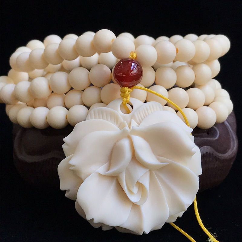 象牙果雕刻玫瑰花挂饰项链女ins简约森系毛衣链长款百搭大气潮流绳子