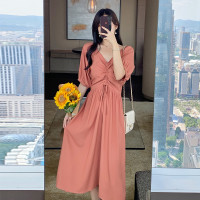 [2.5折价77元]唐狮裙子女连衣裙韩版泡泡袖V领连衣裙可抽绳小细节裙子
