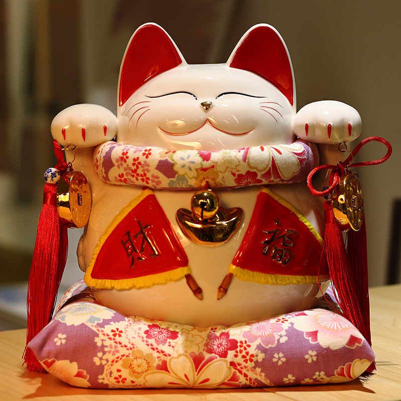 猫存钱罐大号陶瓷储蓄罐日本店铺开业创意礼品猫摆件礼品 三维工匠 10寸财福双收紫樱棉垫猫高清大图