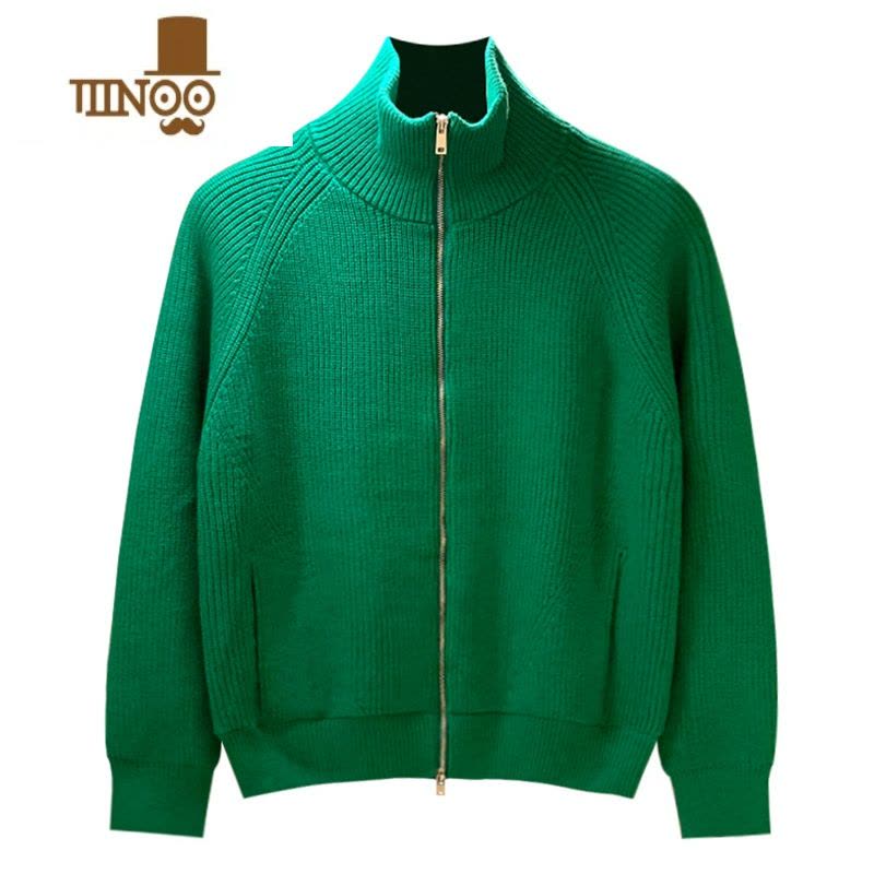 YANXU欧美简约绿立领拉链针织开衫男冬季加厚加绒半高领毛衣外套男图片