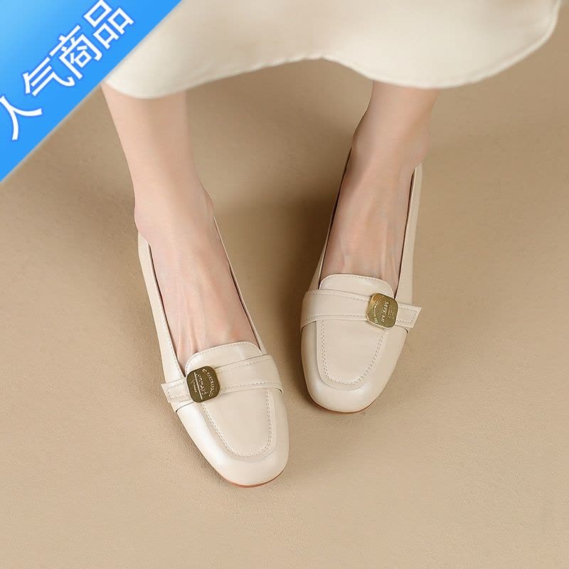 SUNTEK2023新款法式复古淑女通勤金属扣乐福鞋女粗跟单鞋小皮鞋春季图片