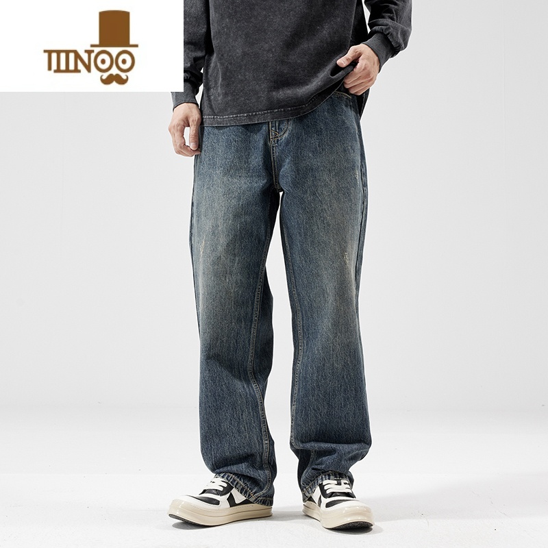 YANXU96棉美式复古宽松阔腿牛仔裤男拖地水洗高街直筒早秋季长裤子高清大图