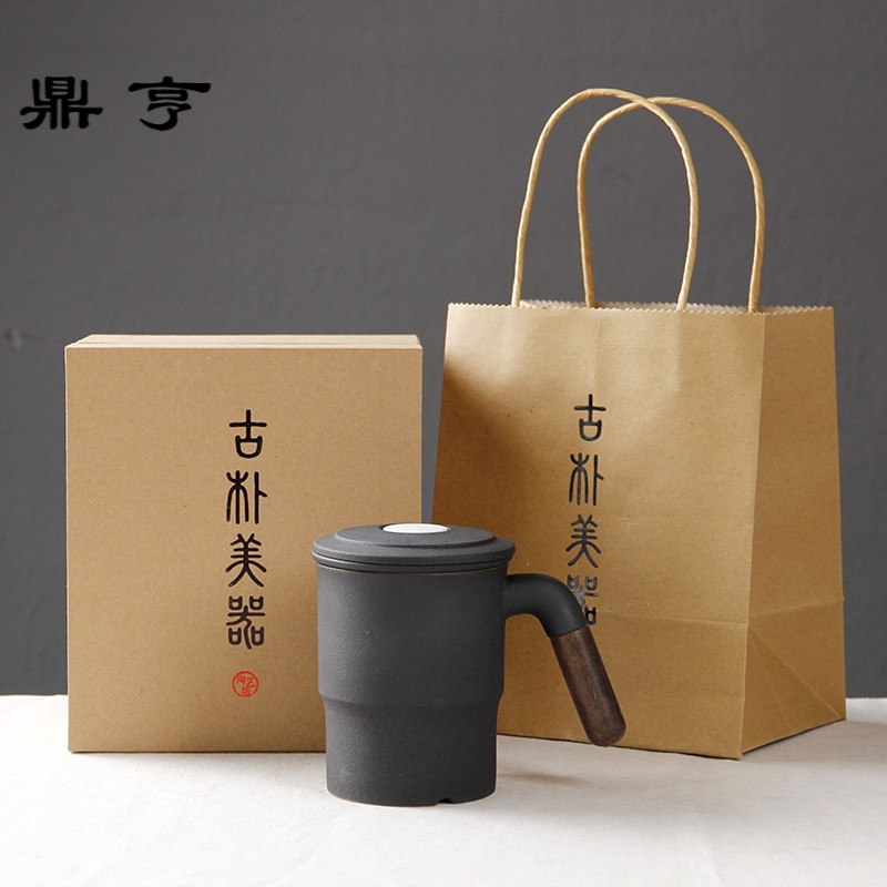 鼎亨简约大容量马克杯陶瓷水杯带盖过滤茶杯家用办公室复古泡茶杯