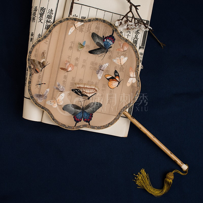 扇子古苏绣花湘妃竹手工苏绣古代汉服圆扇宫廷扇双面刺绣团扇 三维