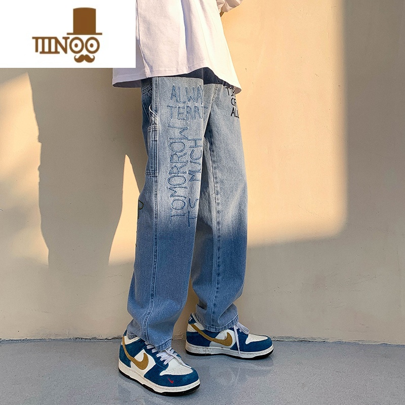 YANXU欧美vibe刺绣工装牛仔裤男潮牌ins美式高街嘻哈宽松阔腿拖地长裤高清大图