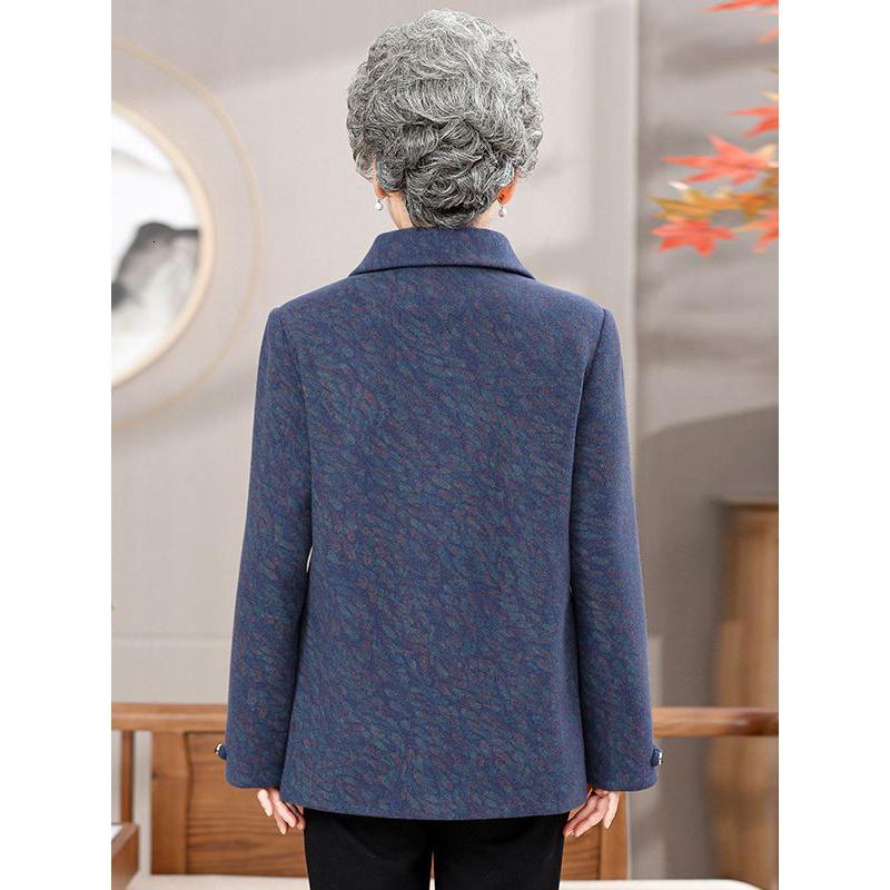 老太太秋装外套时尚小翻领奶奶装60岁印花老年女装长袖女毛呢服装