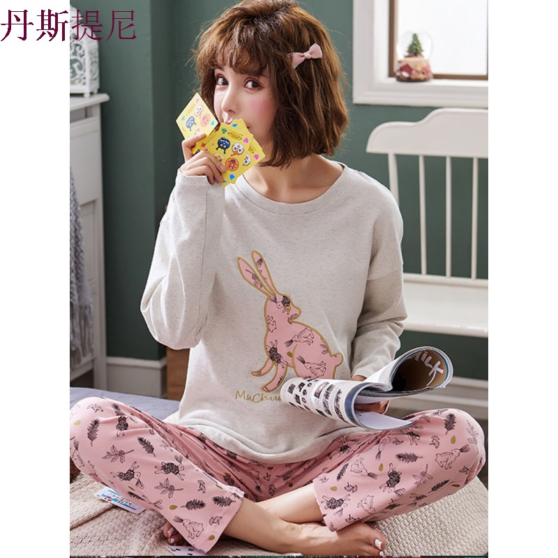 睡衣女秋纯棉长袖韩版可爱学生两件套大码可外穿家居服套装秋冬季