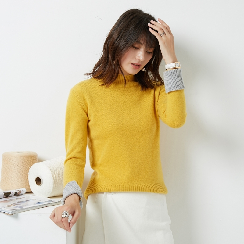 2017秋冬季新款羊绒衫女装半高领修身开叉袖加厚套头针织衫