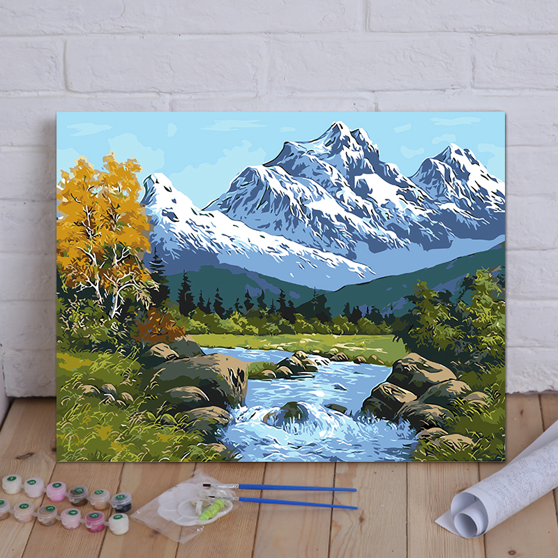 diy数字油画手绘 山水风景装饰画 雪山映湖 过道客厅卧室 雪山映湖 40*50无框[画布+画笔颜料]