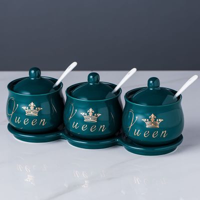 调料盒套装家用组合装陶瓷调味罐三件套佐料收纳调味瓶罐厨房用品 皇冠A款-瓶口没有描金