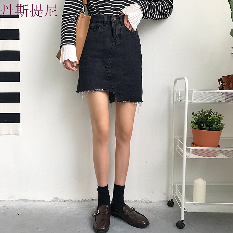 不规则半身裙春夏韩版百搭chic高腰显瘦须边A字牛仔短裙学生黑色显瘦