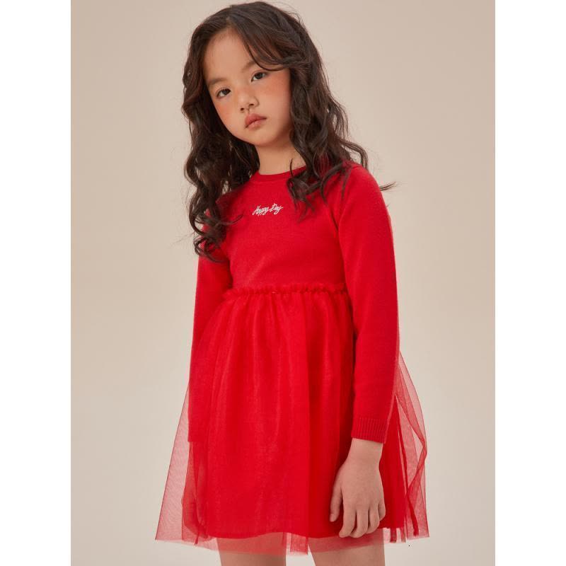 [1件3折价:73.5]moomoo童装女童毛织连衣裙春秋新款红色公主裙洋气儿童网纱裙图片