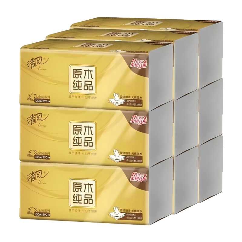 清风抽纸原木金装M码细腻厚韧3层*130抽*9包AR33MJK