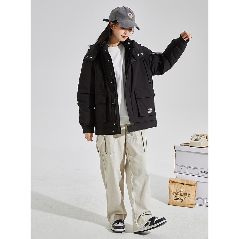 唐狮黑色棉服女冬季新款ins潮流工装风棉衣连帽加厚棉袄外套