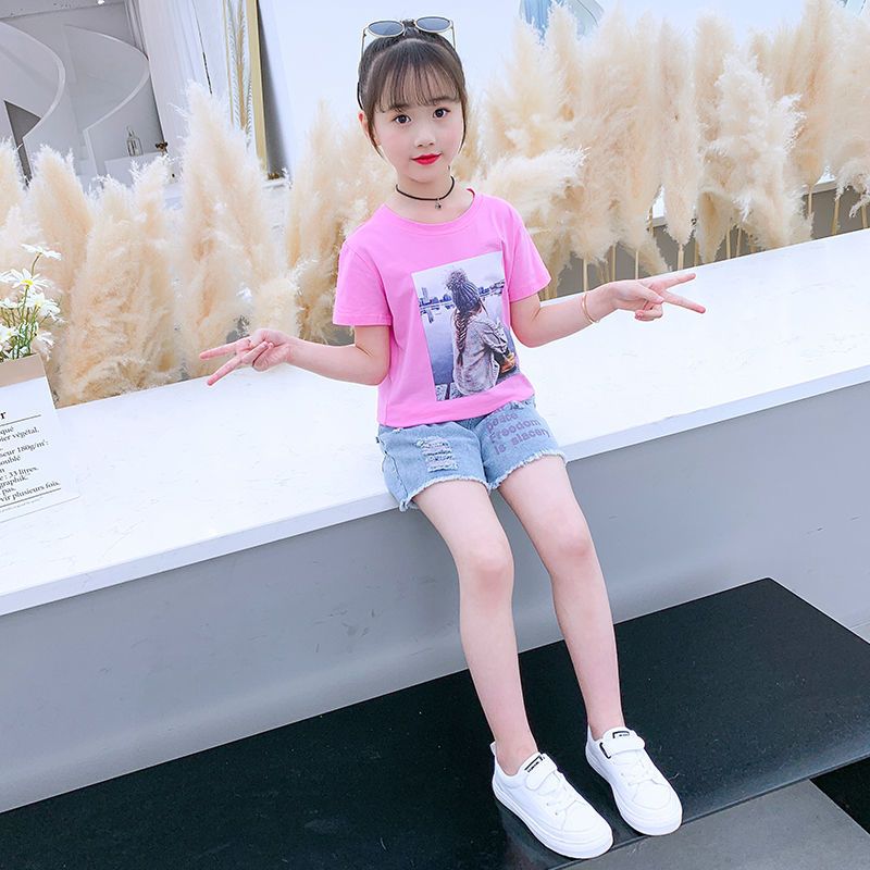 女童套装2021新款夏装儿童装时髦两件套8牛仔短裤T恤洋气韩版休闲 绿色体恤+牛仔短裤 110码 适合身高100-108