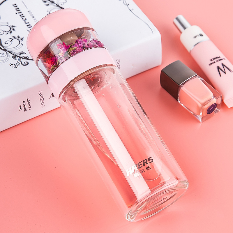 哈尔斯双层玻璃茶水分离杯男女小杯子泡茶过滤杯高档简约便携清新 落樱纷280ml（带按键式茶仓）（赠送杯