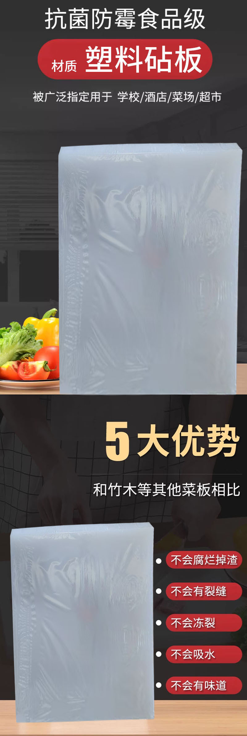 炯毅 塑料菜板砧板食品级菜板家用防霉案板切菜板PE塑料砧板 菜板56cm*36cm*2.5cm 个高清大图