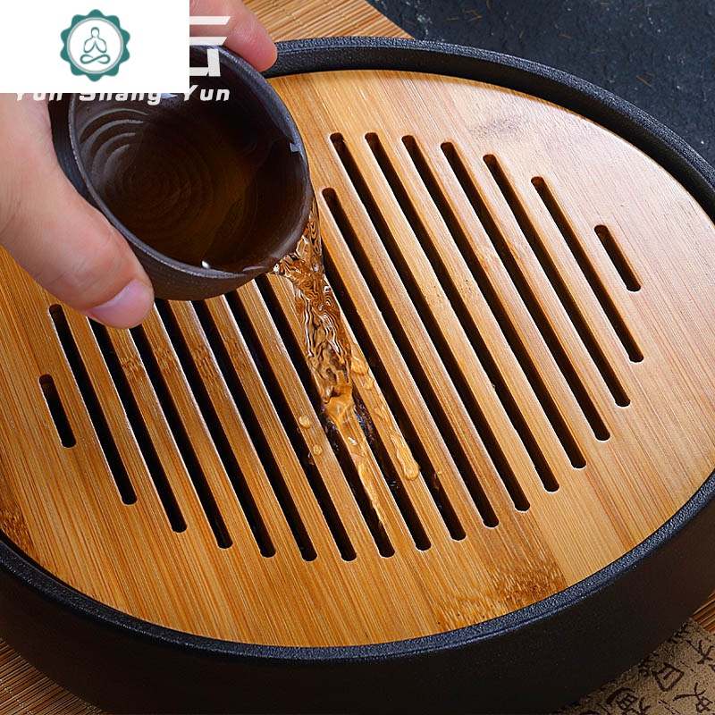 陶瓷茶盘圆形茶托家用功夫茶具小茶台干泡台实木托盘简易沥水茶海 封后
