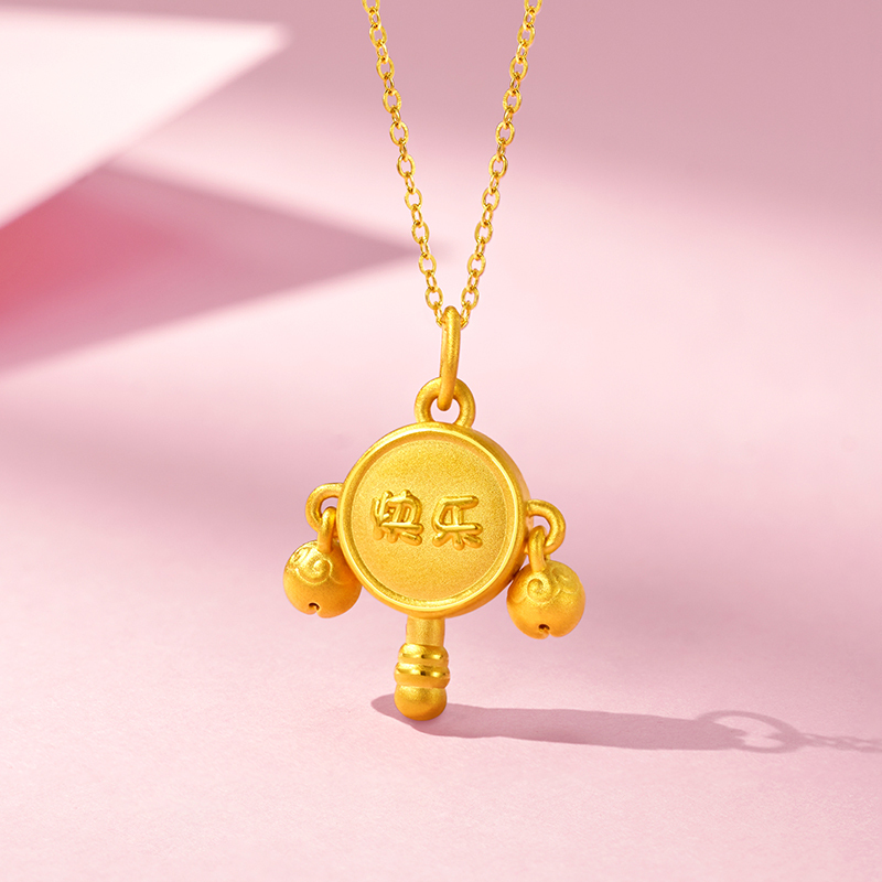 梦金园吉祥拨浪鼓足金吊坠铃铛黄金转运珠5d硬金挂坠生日礼物配红绳