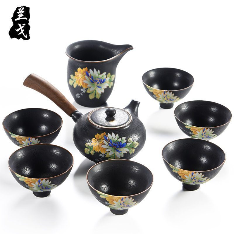 美帮汇整套功夫茶具套装 复古黑陶侧把壶承家用简约汝窑陶瓷礼品装高清大图