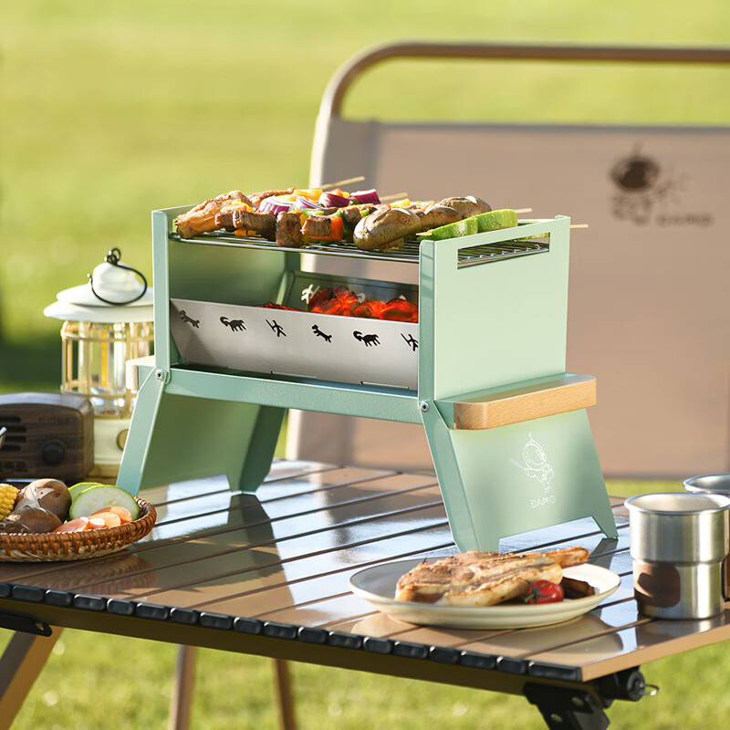 大迈DAMO 露营折叠烧烤炉-松石绿DM-9009 双侧榉木扶手户外便携折叠烧烤炉家用烧烤架聚会露营