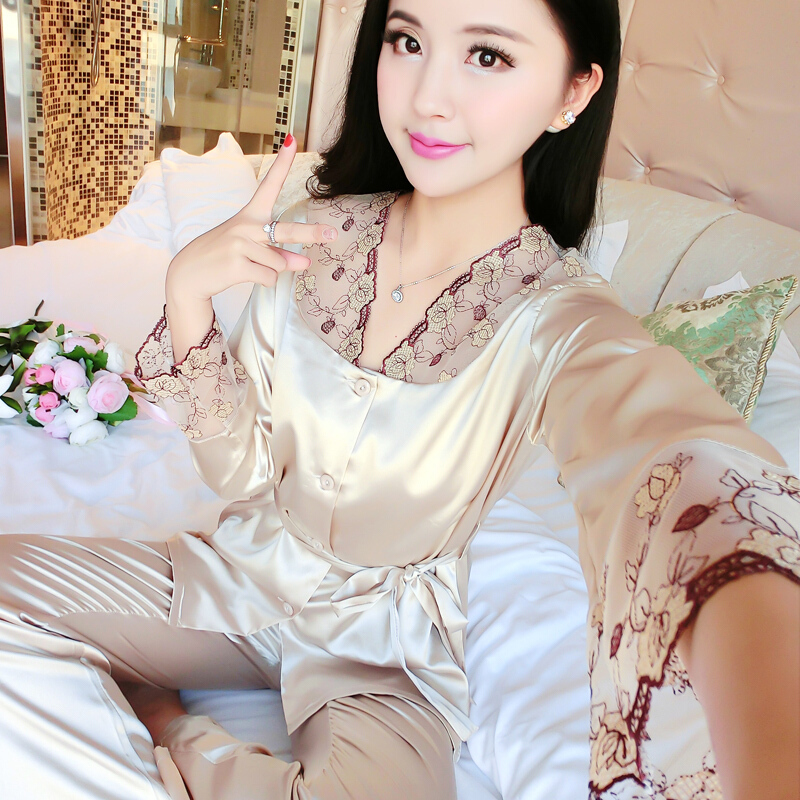 睡衣女秋季性感长袖长裤冰丝丝绸两件套装春秋蕾丝女士秋天家居服