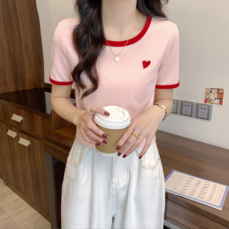 [1.5折价30元]撞色圆领短袖T恤女短款唐狮夏季新款粉色内搭小衫韩版ins风x