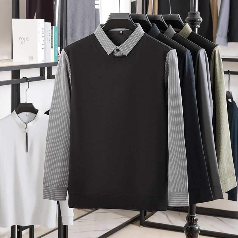 含蚕丝羊毛男士假两件上衣2025秋季新款衬衫领条纹休闲男士针织衫高清大图