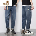 YANXU美式高街裤子男士浅色牛仔裤男夏季薄款直筒宽松潮牌九分休闲小脚 深蓝不含皮带 28M