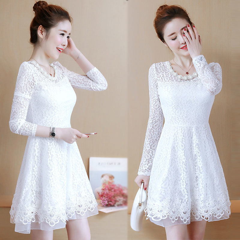 蕾丝连衣裙春秋季圆领收腰中长款修身显瘦镂空气质a字白色蓬蓬裙 白色