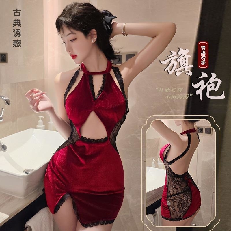 长夜漫漫情趣内衣性感镂空挂脖旗袍免脱火辣性感制服诱惑套装1825 紫色+同款袜 均码(80-130斤)