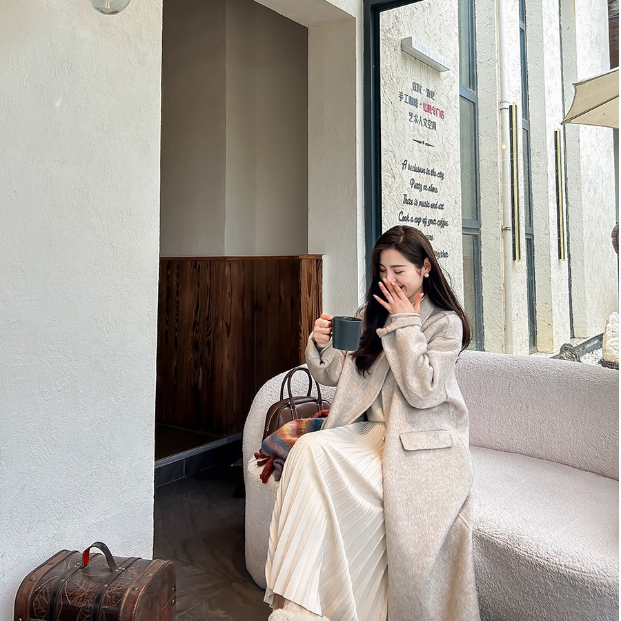 韩版手缝双面羊毛大衣女中长款连帽休闲气质宽松百搭春秋冬双面呢